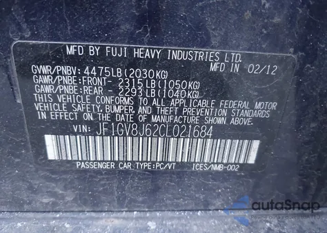 2012 Subaru Impreza Wrx Sti Limited z USA, uszkodzony, nr VIN JF1GV8J62CL021684